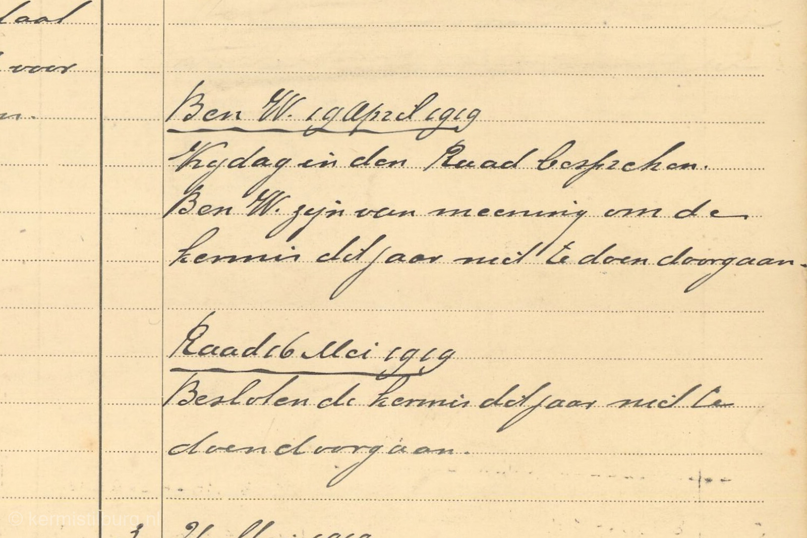 Archiefstuk uit 1919. Eerst vanuit B & W, daarna de instemming van de raad.